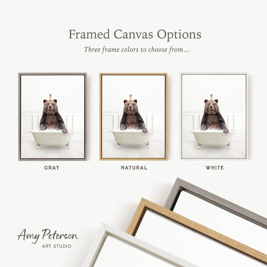 three framed canvas options, each featuring a bear sitting in a bathtub. The options include a gray frame, a natural frame, and a white frame.