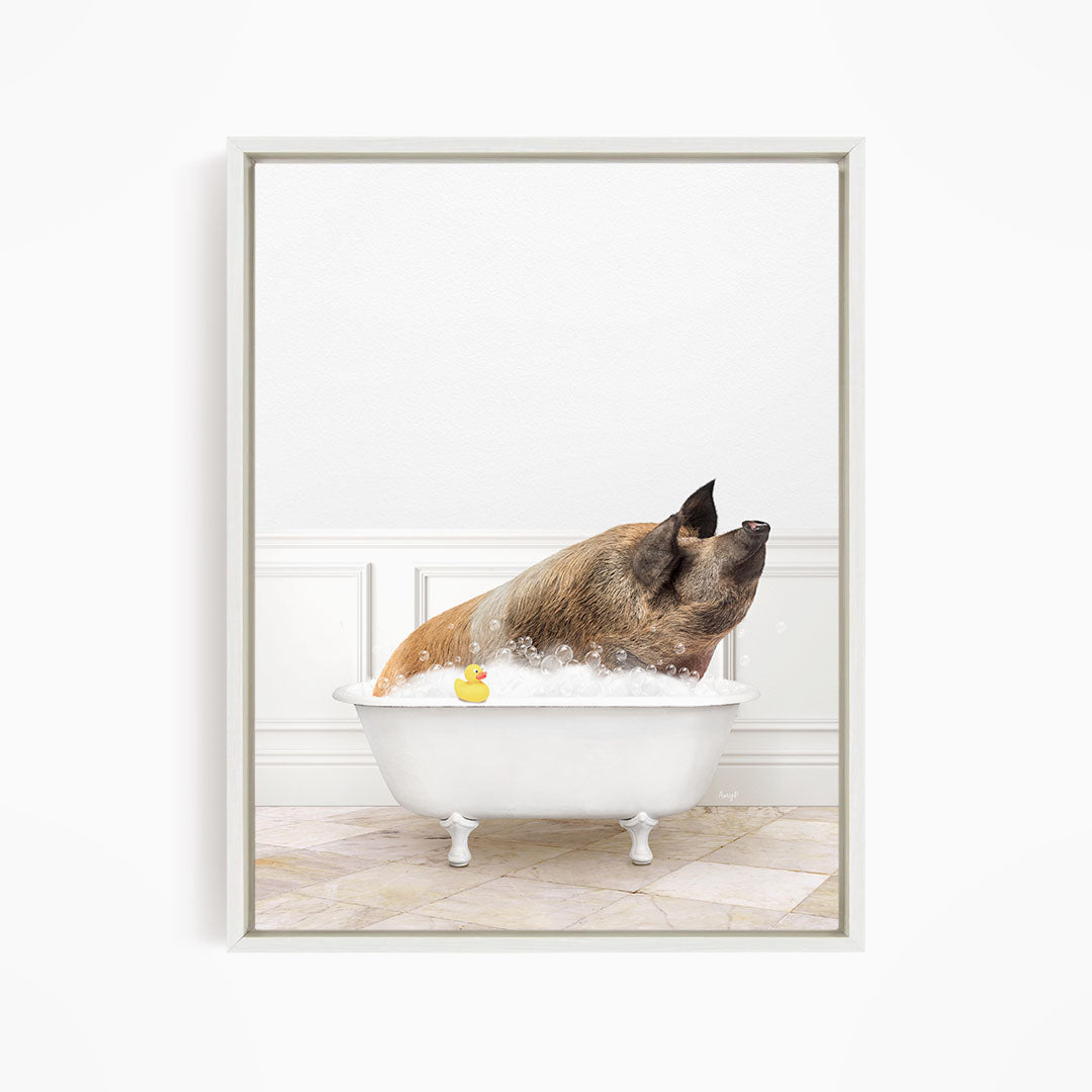 A brown and black pig is sitting in a white bathtub filled with bubbles, with a yellow rubber duck floating in the water.