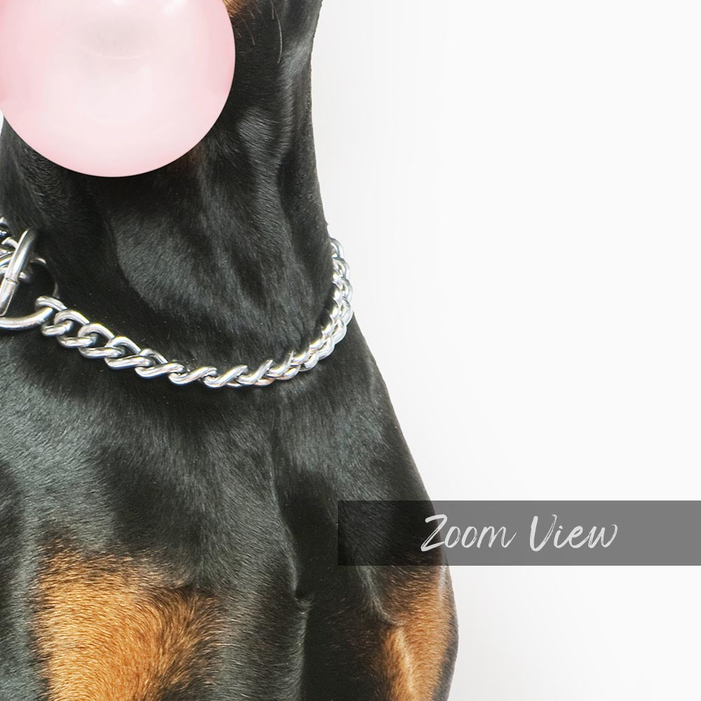 a black and brown dog with a pink bubble in its mouth