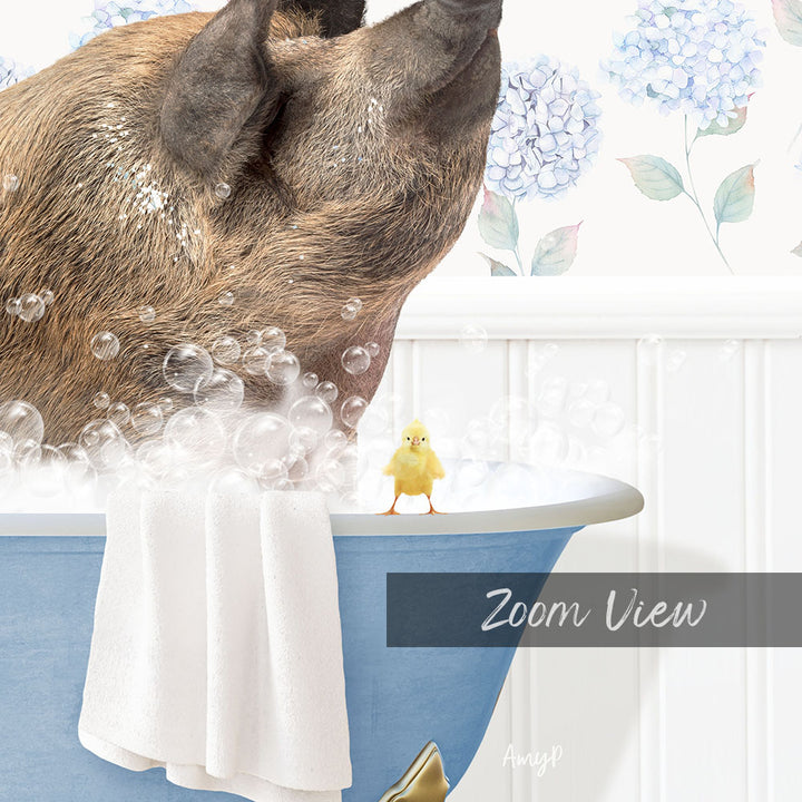 A pig is sitting in a bathtub filled with bubbles, with a small yellow chick standing on the edge of the tub.