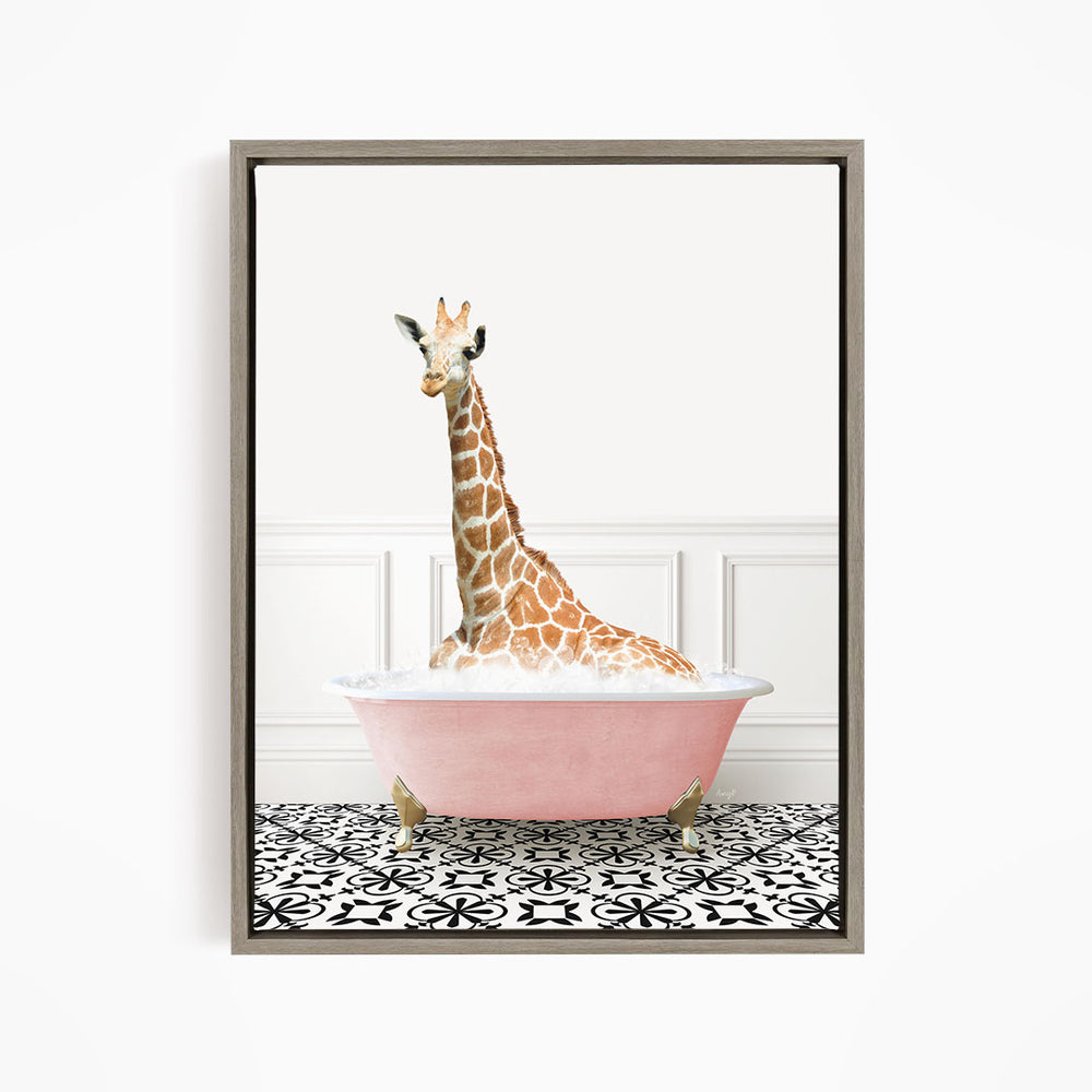 A giraffe sitting in a pink bathtub filled with water, surrounded by a black and white patterned floor.