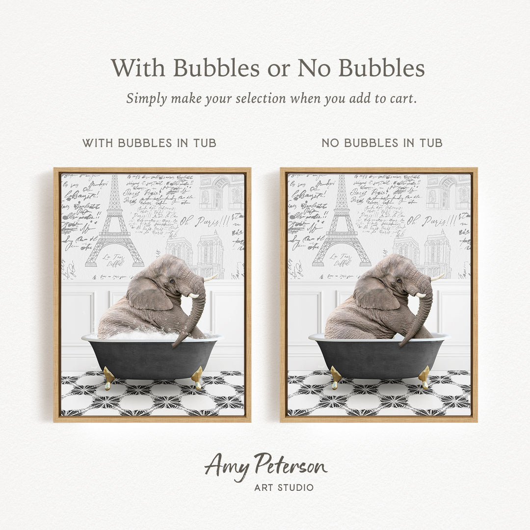 The image is a collage of two pictures featuring an elephant sitting in a bathtub. The first picture has bubbles in the tub, while the second picture does not have bubbles. The text above the images reads "With Bubbles or No Bubbles Simply make your selection when you add to cart."