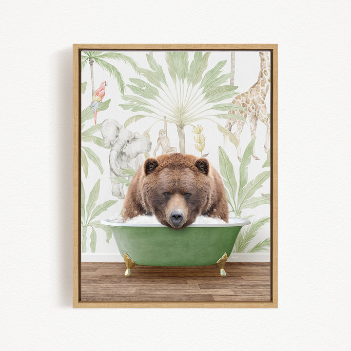 A brown bear is sitting in a green bathtub, surrounded by various animals such as a giraffe, elephant, and parrot, against a backdrop of tropical foliage.