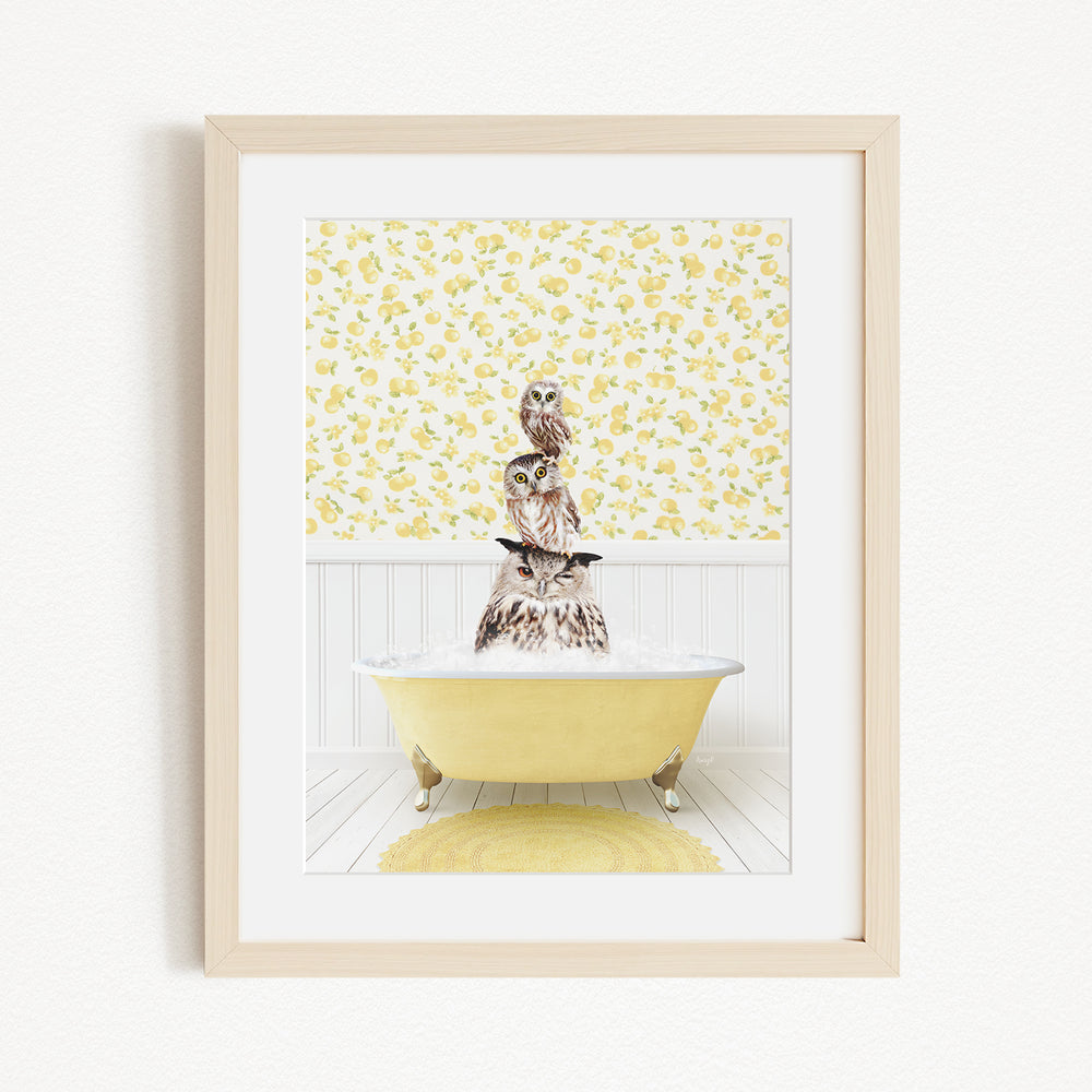 A framed image depicting a yellow bathtub filled with water, with three owls perched on the rim of the tub.