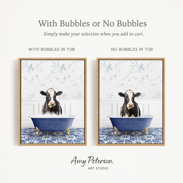 The image is a collage of two framed pictures depicting a cow sitting in a blue tub. The cow is surrounded by bubbles, creating a playful and whimsical scene. The collage is titled "With Bubbles or No Bubbles" and is created by Amy Peterson from Art Studio.