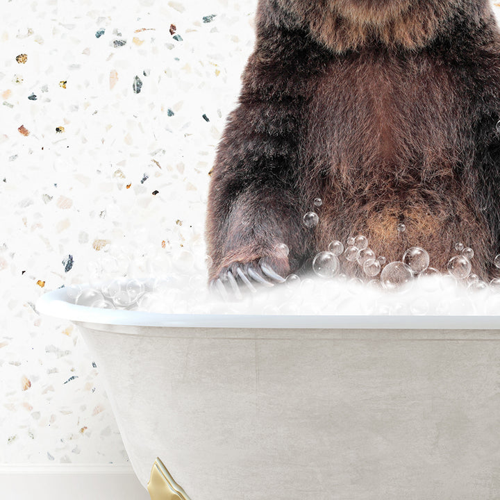 a large brown bear sitting in a bath tub