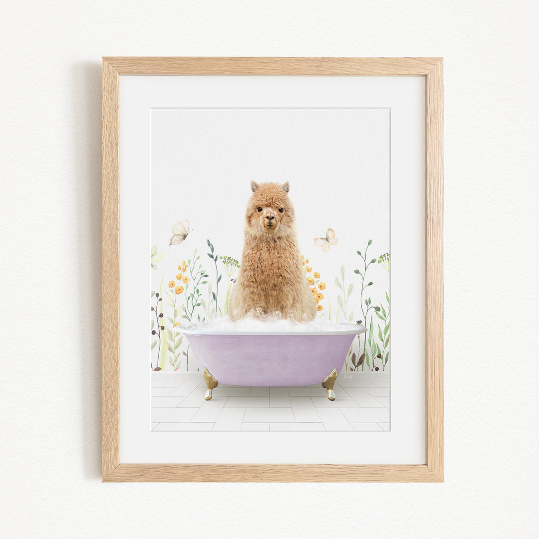 A fluffy brown dog sitting in a purple bathtub filled with bubbles, surrounded by flowers and butterflies.