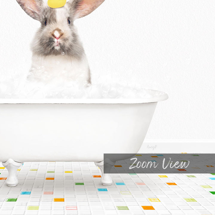 A fluffy white rabbit sits in a white bathtub filled with bubbles, surrounded by a colorful tiled floor.
