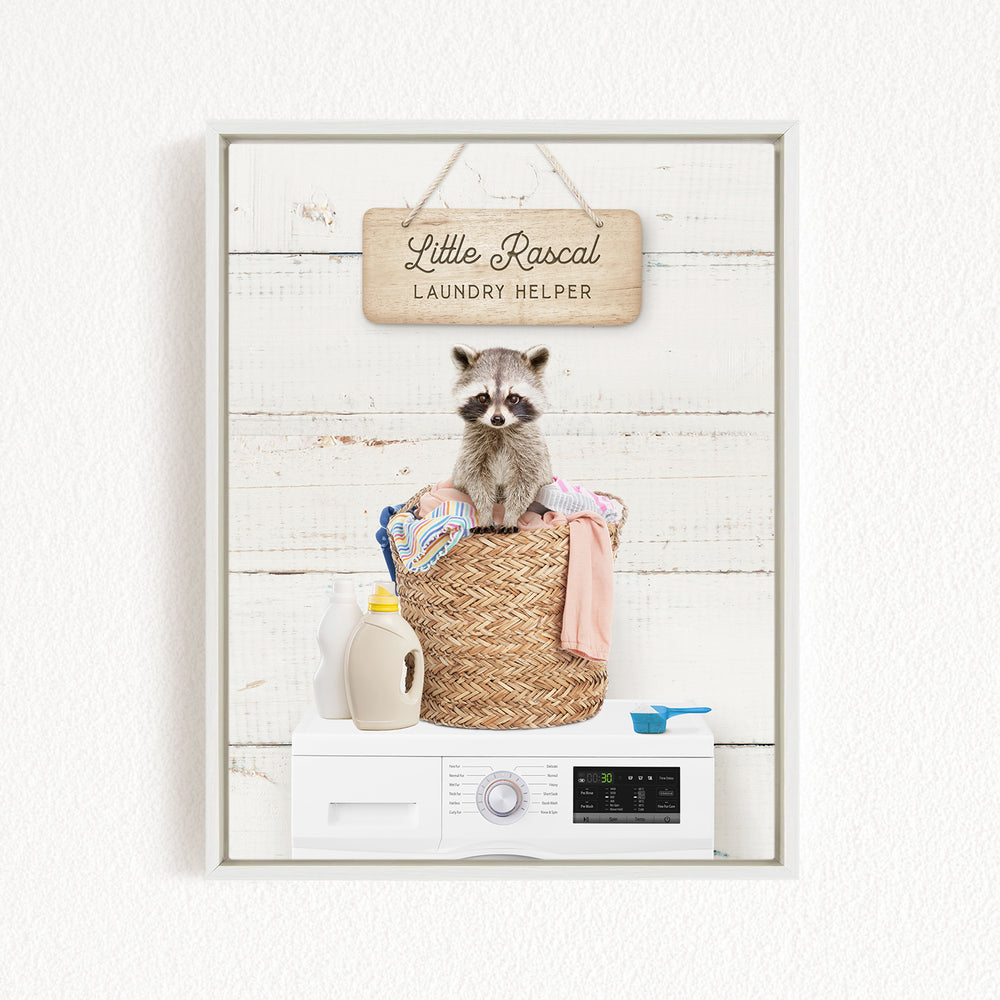 A raccoon sitting in a laundry basket, with a sign that says "Little Racal Laundry Helper" above it.