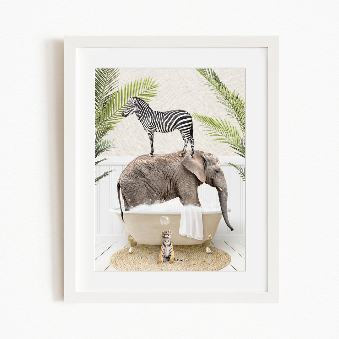 A zebra stands atop an elephant in a bathtub, surrounded by palm leaves, with a tiger sitting on the edge of the tub.