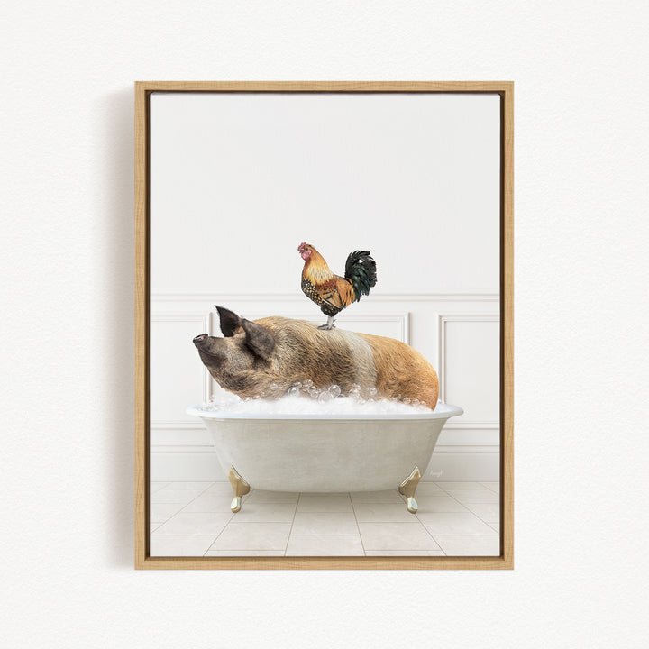A rooster sits atop a pig in a bathtub, creating a whimsical and humorous scene.