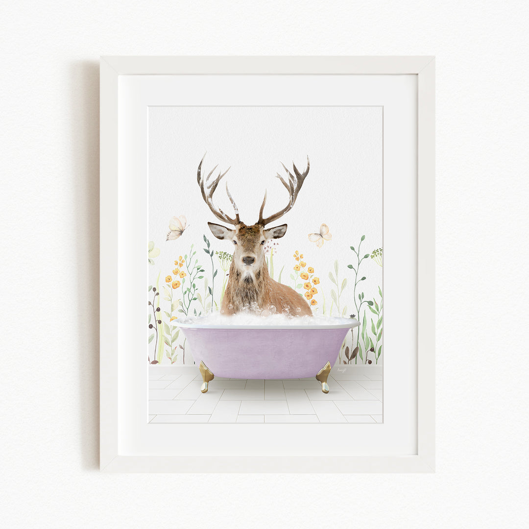 A deer with antlers is sitting in a purple bathtub, surrounded by flowers and butterflies.