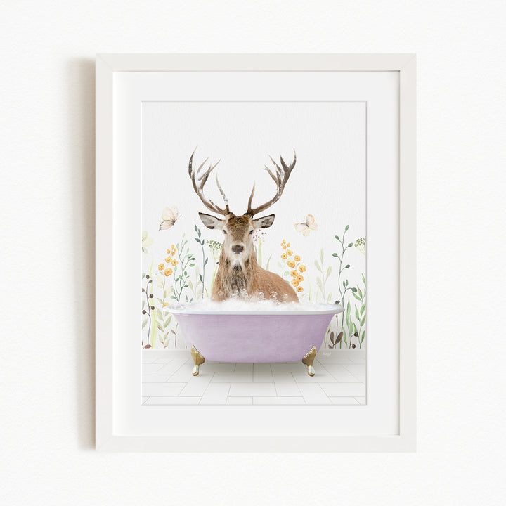 A deer with antlers is sitting in a purple bathtub, surrounded by flowers and butterflies.