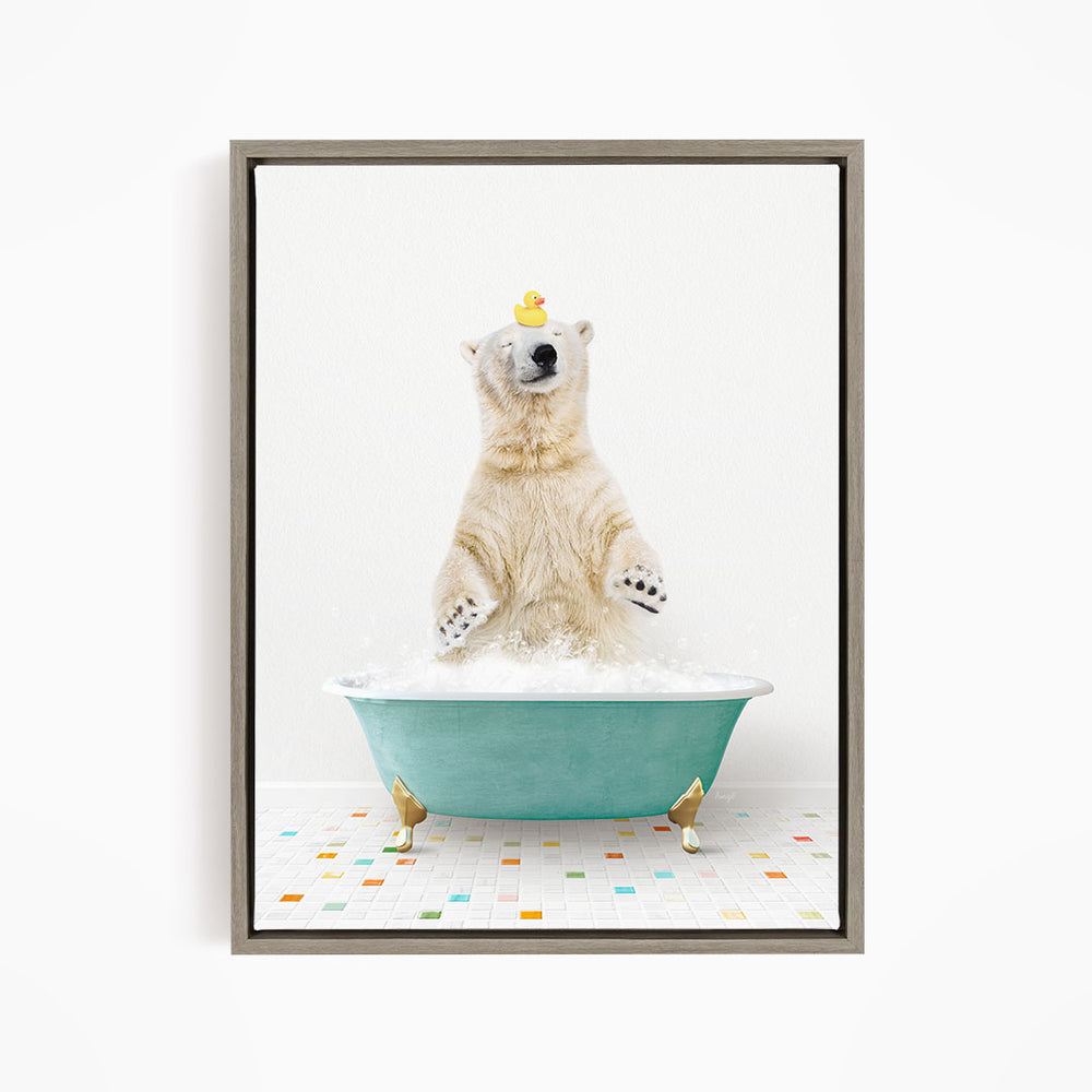 A polar bear is sitting in a green bathtub filled with bubbles, with a rubber duck perched on its head.