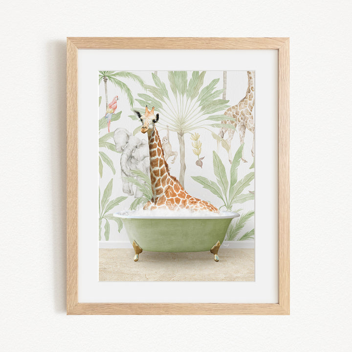 A giraffe sitting in a green bathtub, surrounded by tropical foliage, is the central focus of the framed artwork.