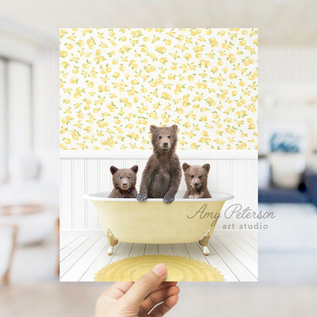 a person holding up a card with three bears in a bathtub