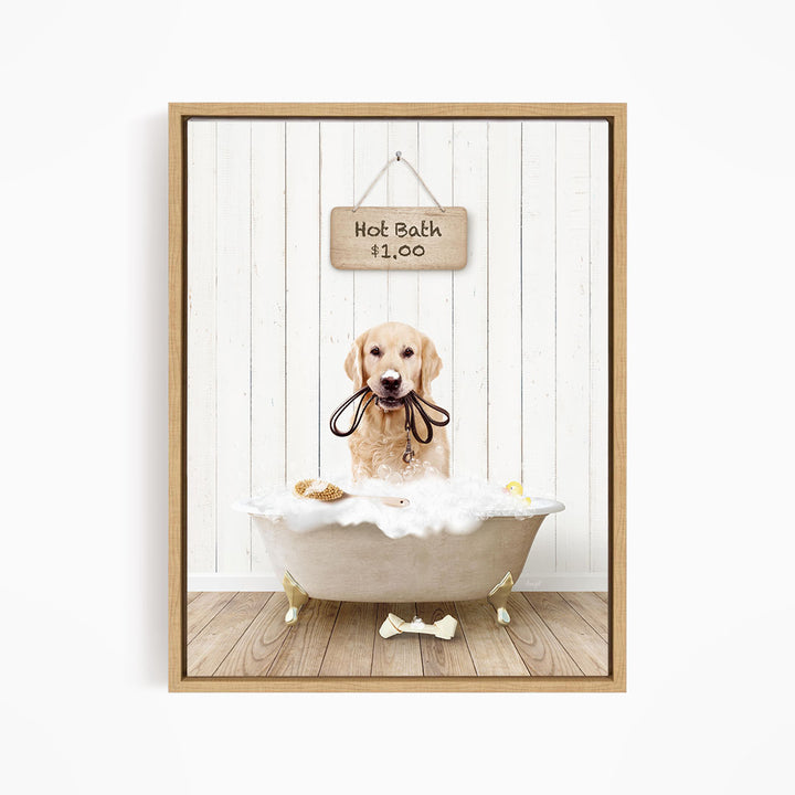 A golden retriever dog sitting in a white bathtub filled with bubbles, with a sign above the tub indicating a hot bath for $1.00.
