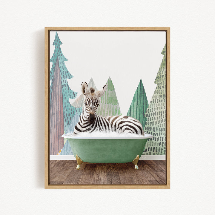 A zebra is sitting in a green bathtub, surrounded by stylized trees and a forest-like background.