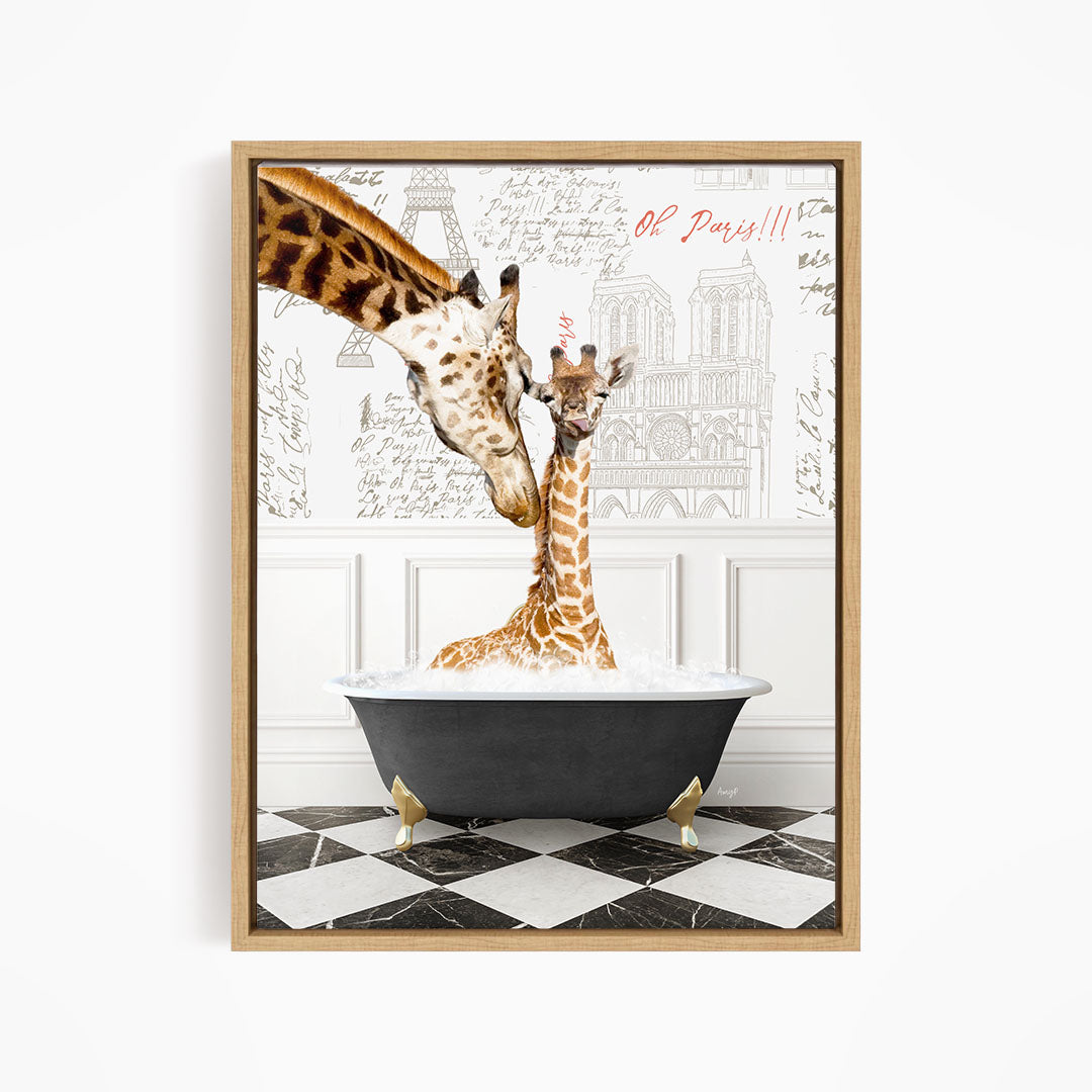A framed image depicting two giraffes sitting in a bathtub, with one giraffe partially submerged in the water and the other standing upright.