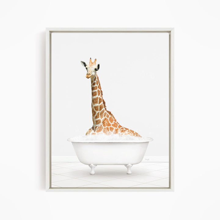 A giraffe sitting in a white bathtub filled with water.