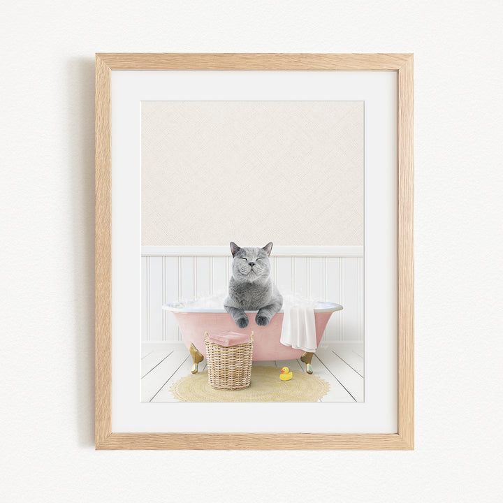 A gray cat sitting in a pink bathtub, with a basket of toys and a yellow rubber duck nearby.