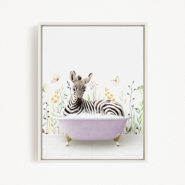 A zebra is sitting in a pink bathtub, surrounded by flowers and butterflies, creating a whimsical and playful scene.