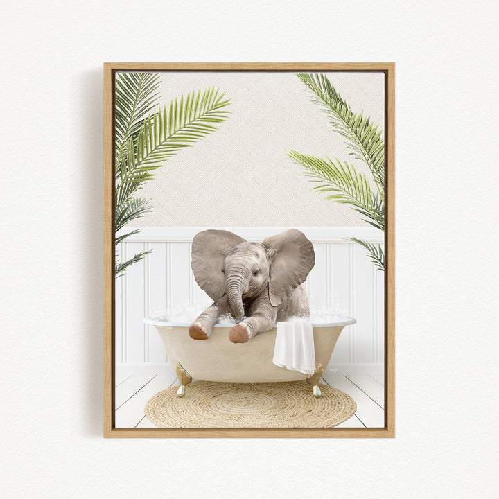 A baby elephant sitting in a bathtub, surrounded by palm leaves, creating a whimsical and playful scene.