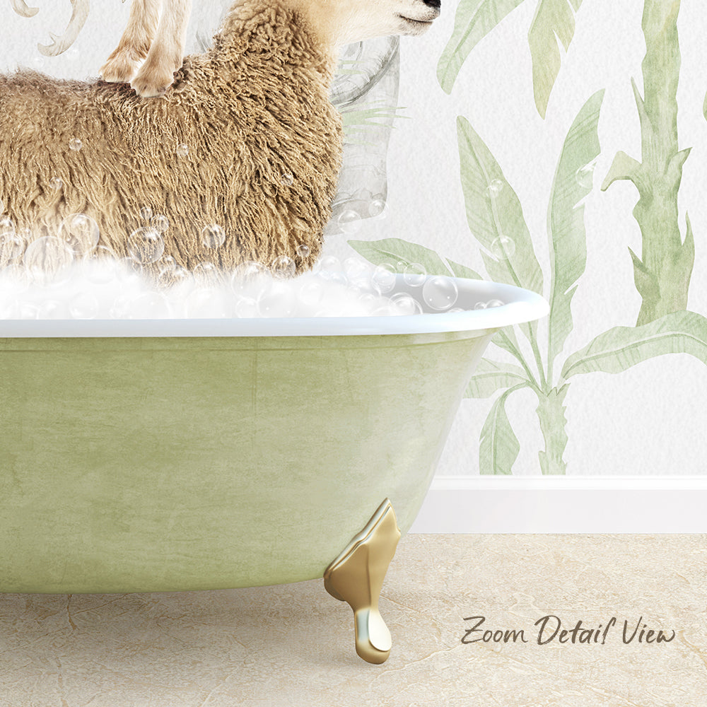A sheep is sitting in a green bathtub filled with bubbles, with a plant motif on the wall behind it.