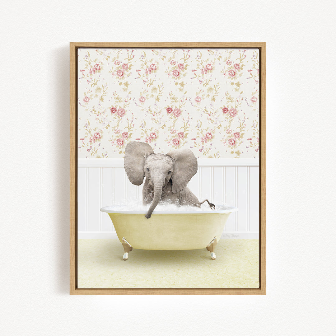 A baby elephant sitting in a bathtub filled with water, surrounded by a floral wallpaper.