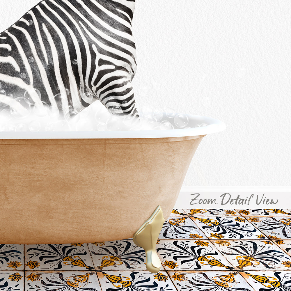 A zebra standing in a bathtub filled with bubbles, with a patterned tile floor in the background.