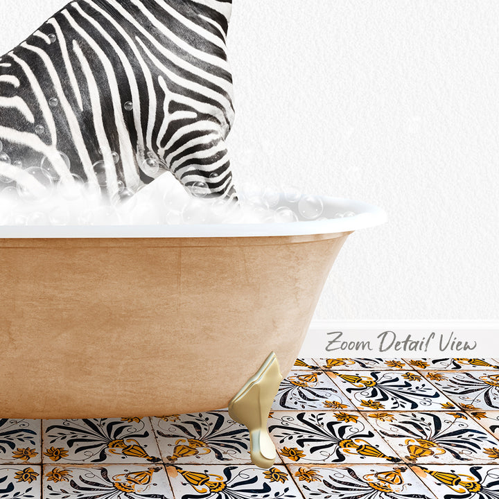 A zebra standing in a bathtub filled with bubbles, with a patterned tile floor in the background.