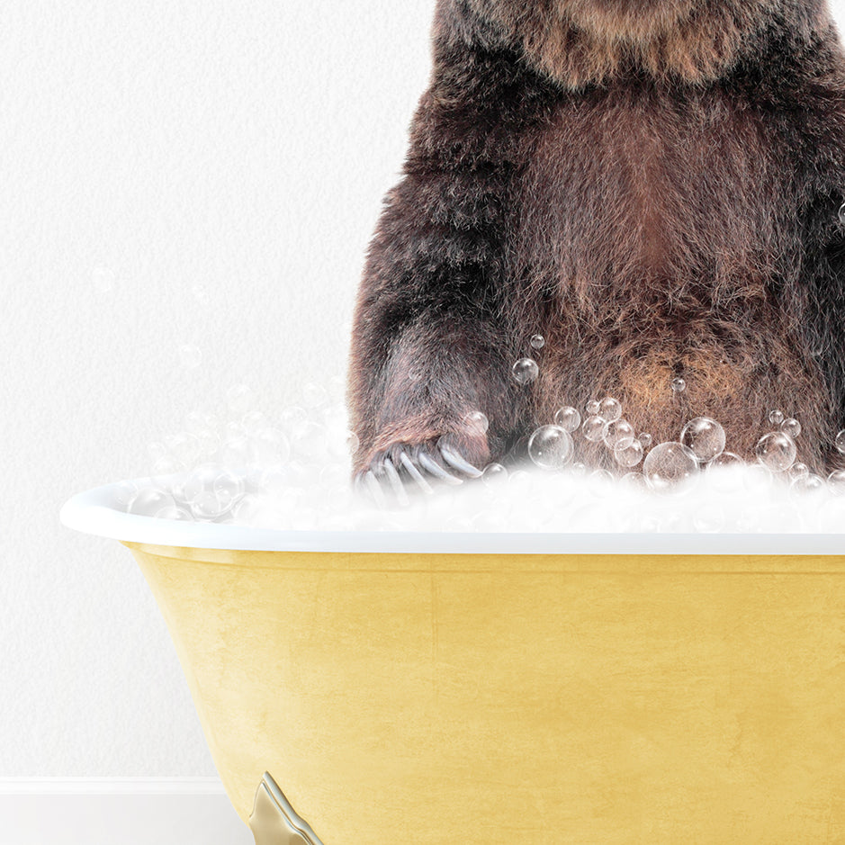 a large brown bear sitting in a bath tub