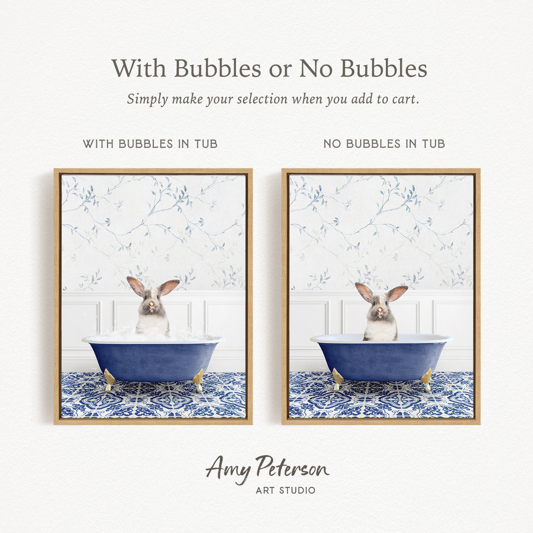 The image is a collage of two framed pictures, each depicting a rabbit sitting in a bathtub. The text above the images reads "With Bubbles or No Bubbles" and below the images, it says "Simply make your selection when you add to cart."