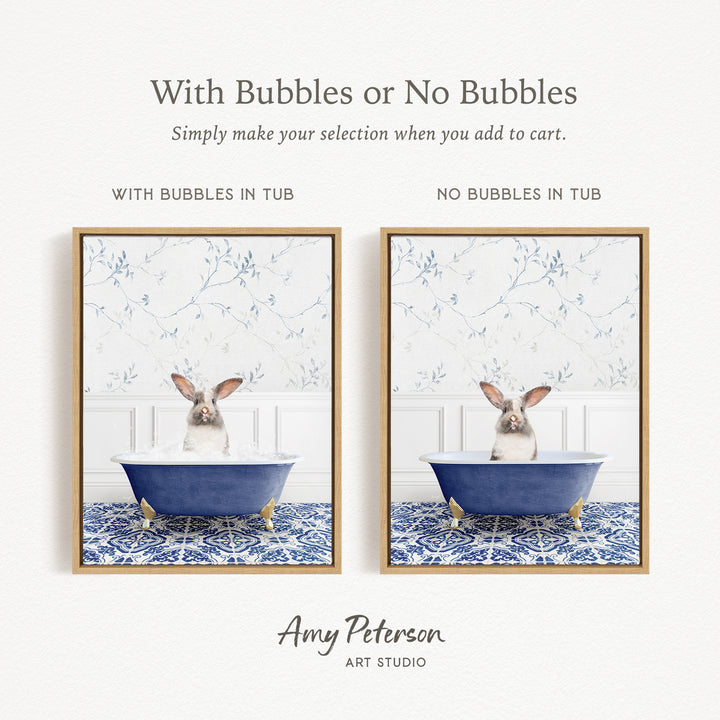 The image is a collage of two framed pictures, each depicting a rabbit sitting in a bathtub. The text above the images reads "With Bubbles or No Bubbles" and below the images, it says "Simply make your selection when you add to cart."