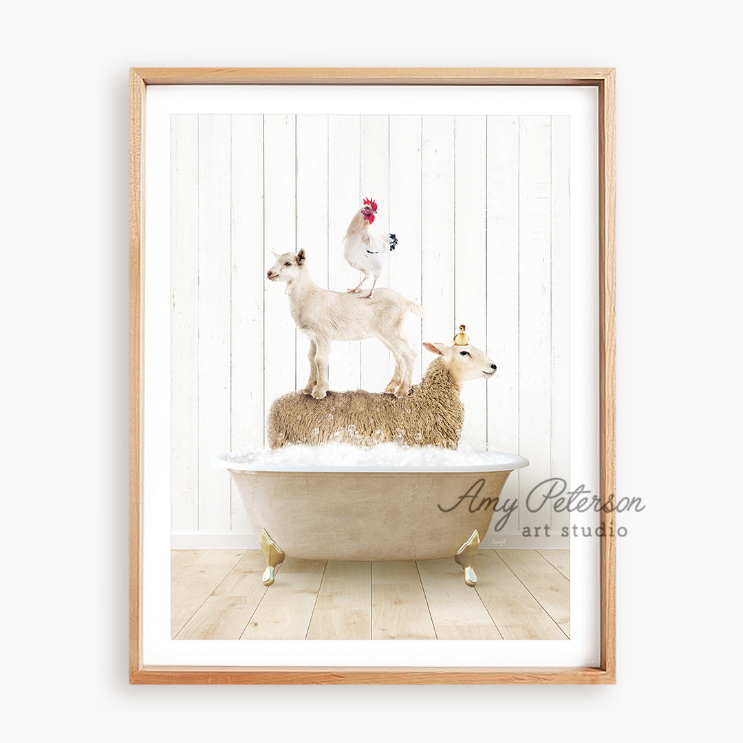 a picture of a goat and a chicken on a bathtub