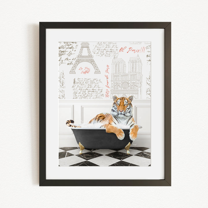 A tiger is sitting in a bathtub, surrounded by various texts and images, including the Eiffel Tower and other architectural elements.