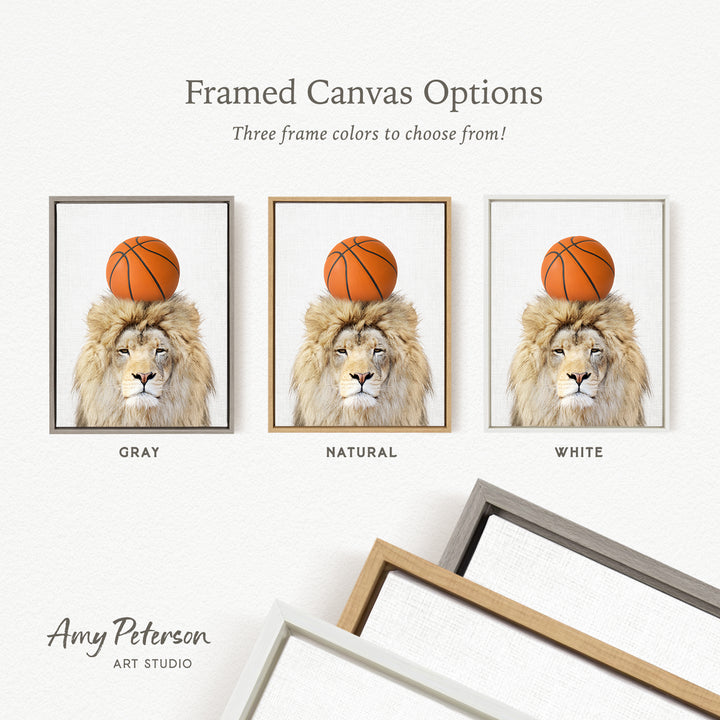 three framed canvas options, each featuring a lion with a basketball on its head. The options are labeled as "Grays," "Natural," and "White."