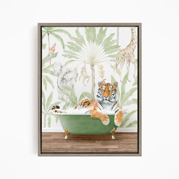 A tiger is sitting in a green bathtub, surrounded by various animals such as a giraffe, elephant, and parrot, all set against a tropical jungle backdrop.
