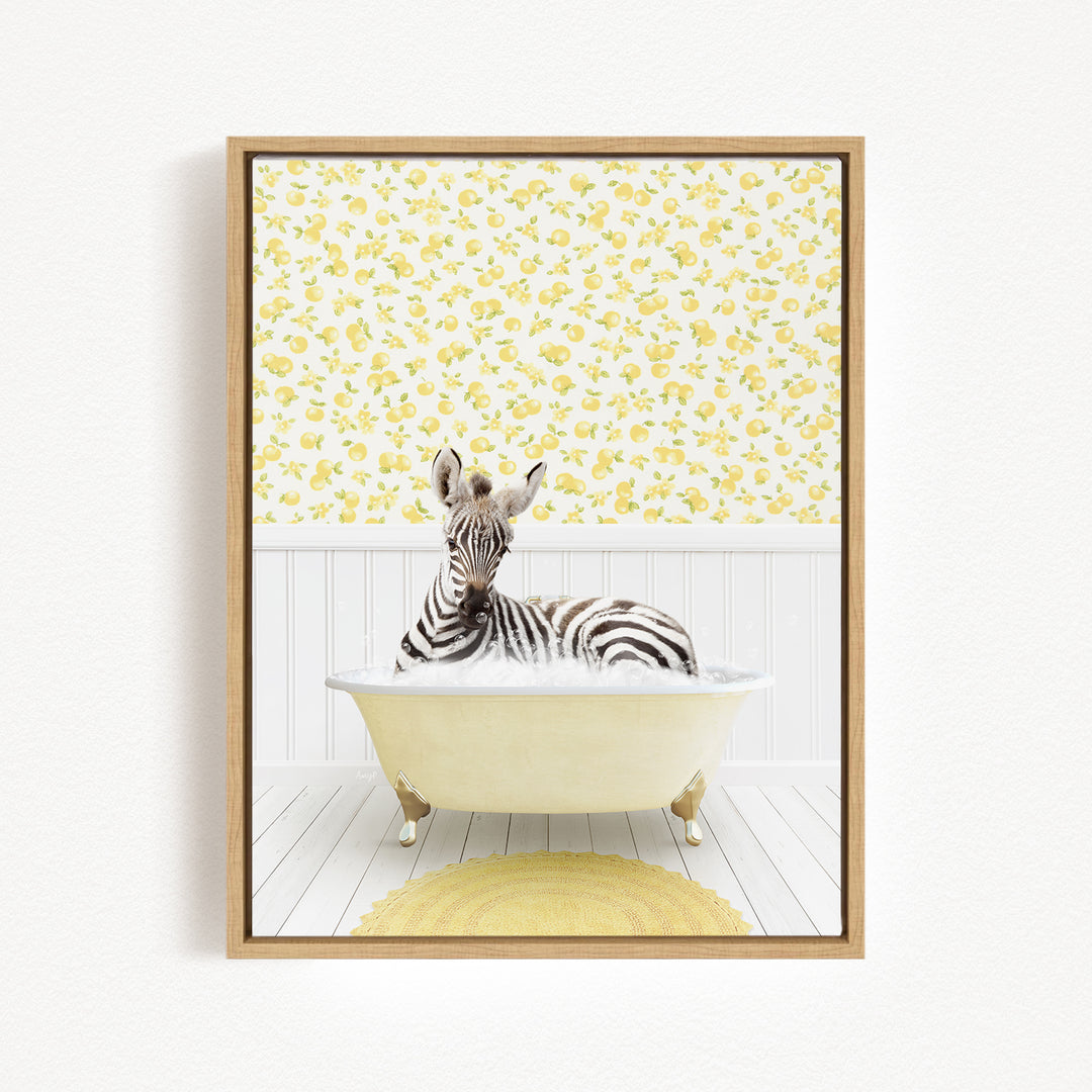 A zebra is sitting in a bathtub filled with water, surrounded by a yellow and white floral pattern on the wall behind it.