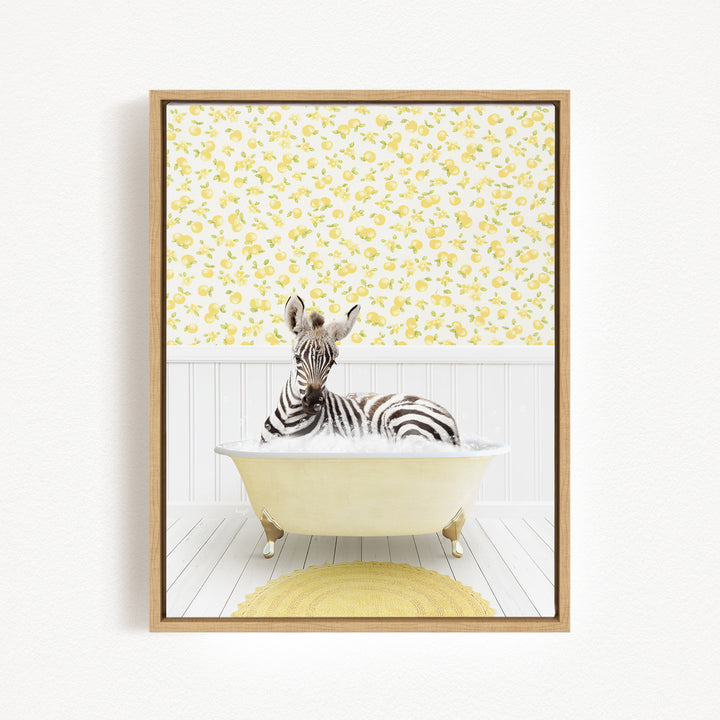 A zebra is sitting in a bathtub filled with water, surrounded by a yellow and white floral pattern on the wall behind it.