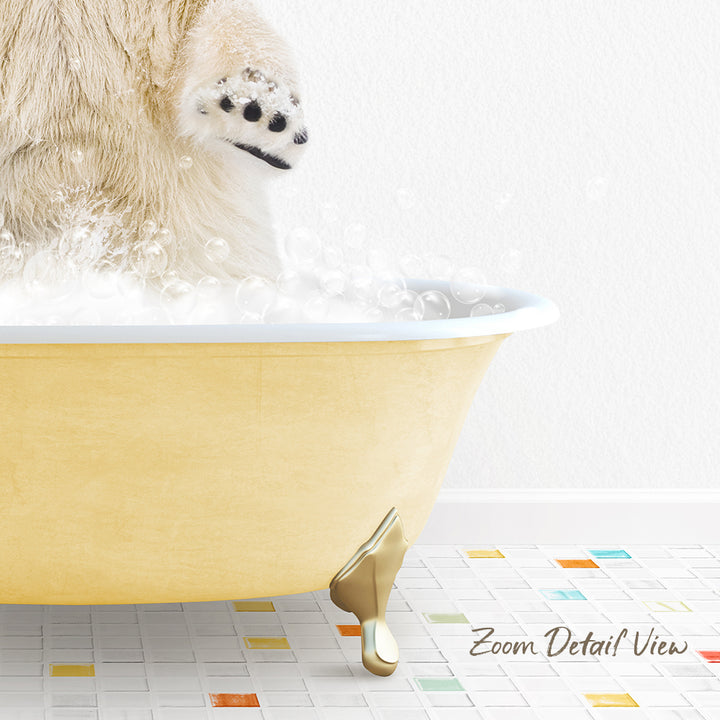 A polar bear is standing in a yellow bathtub filled with bubbles, with its paw in the water.