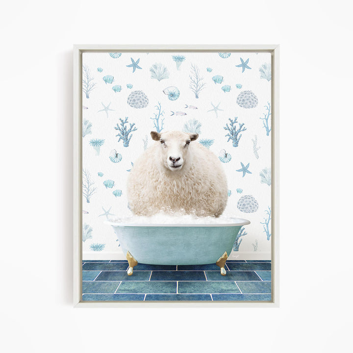 A fluffy white sheep sits in a blue bathtub, surrounded by a pattern of blue and white seashells and starfish.