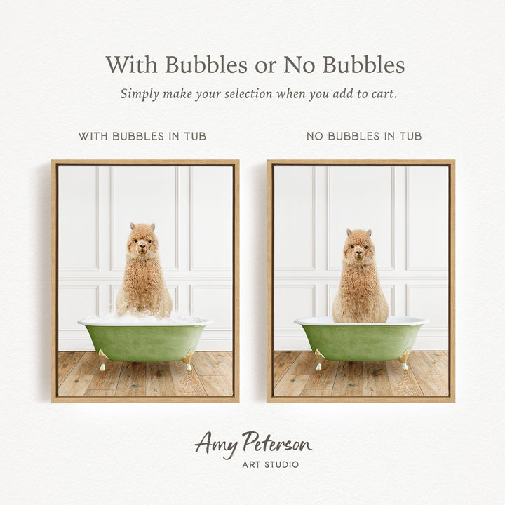 The image is a collage of two framed pictures, each featuring a dog sitting in a bathtub. The dog in the bathtub has bubbles, while the other dog does not have bubbles. The collage is titled "With Bubbles or No Bubbles" and is created by Amy Peterson from Art Studio.