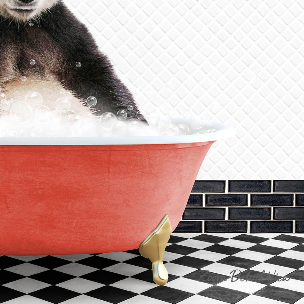 A black and white checkered floor, a red bathtub filled with bubbles, and a panda sitting in the tub.
