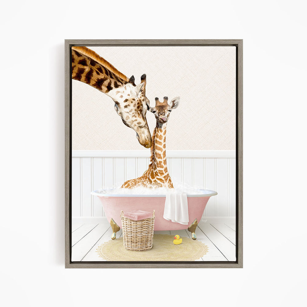 A mother giraffe and her baby giraffe enjoying a relaxing bath in a pink bathtub, surrounded by a yellow rubber duck and a wicker basket.