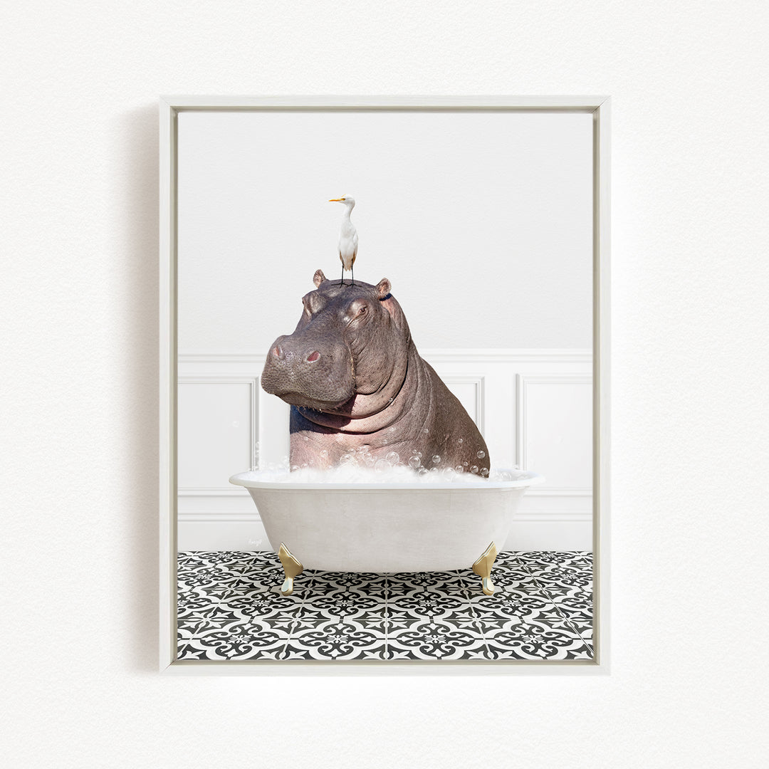 A hippopotamus sitting in a bathtub, with a bird perched on its head.