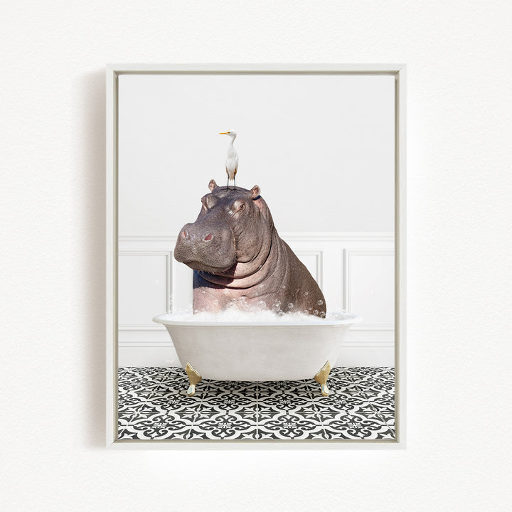 A hippopotamus sitting in a bathtub, with a bird perched on its head.