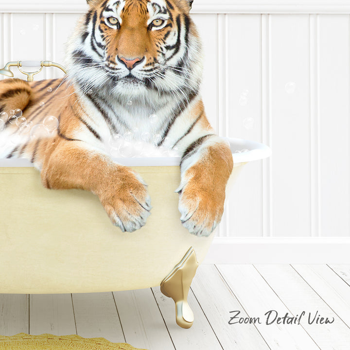 A tiger is sitting in a bathtub filled with water, appearing relaxed and enjoying the bath.