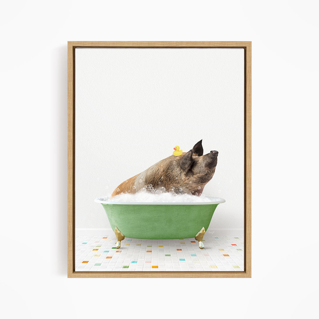 A dog is sitting in a green bathtub filled with bubbles, with a rubber duck floating on the water.