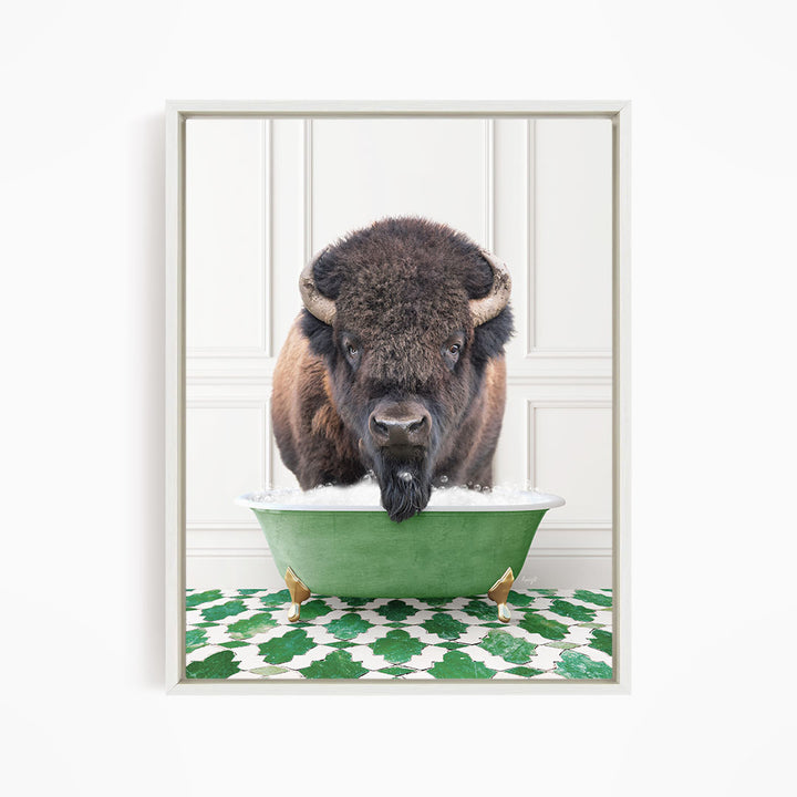 A bison with a black mane and horns is standing in a green bathtub filled with water, with a green and white patterned floor beneath it.
